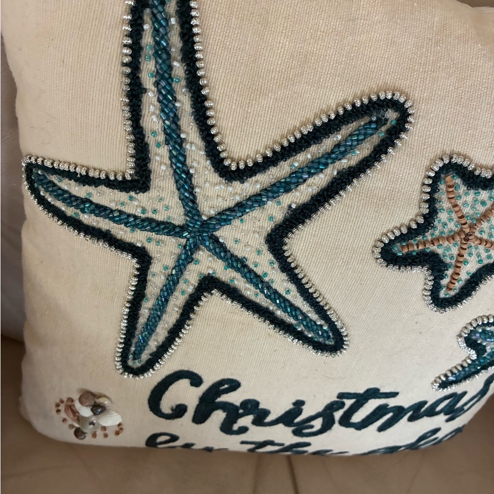 Christmas by the Sea Beach Pillow with shells & beaded starfish from Pier 1 mint - Picture 3 of 6